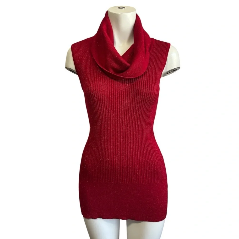 Ribbed Red Cowl Neck Tunic Sweater Women’s Medium Parisian Chic Minimalist